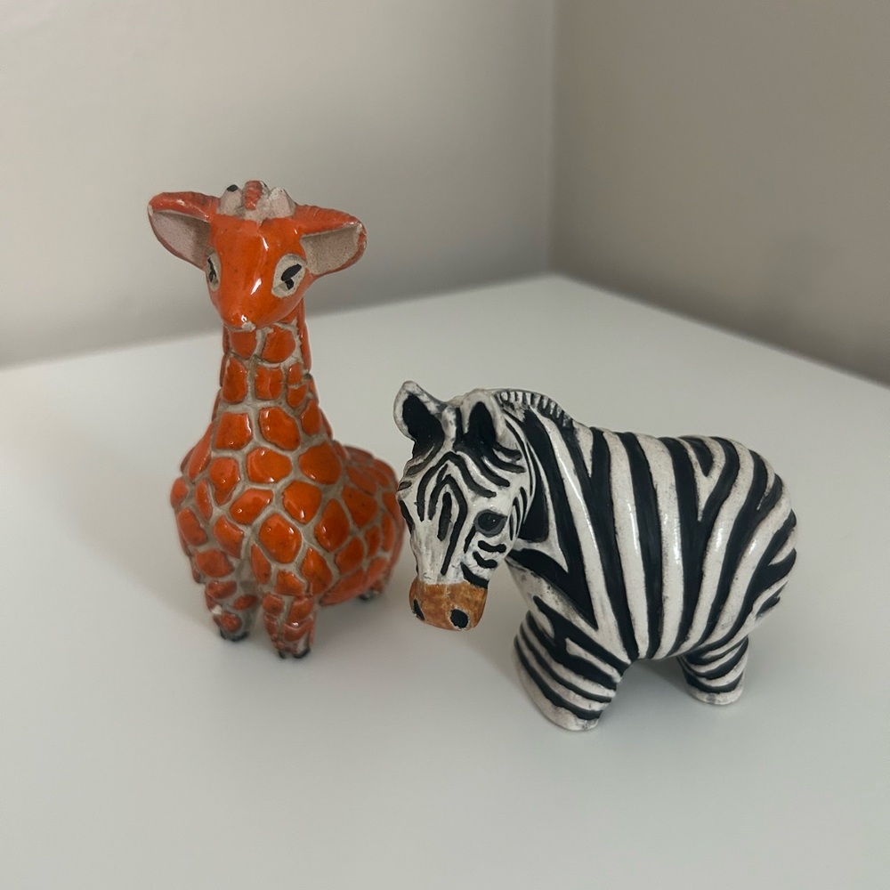 Vintage Ceramic Zebra & Giraffe Figurines Hand Painted Safari Boho Decor ooak